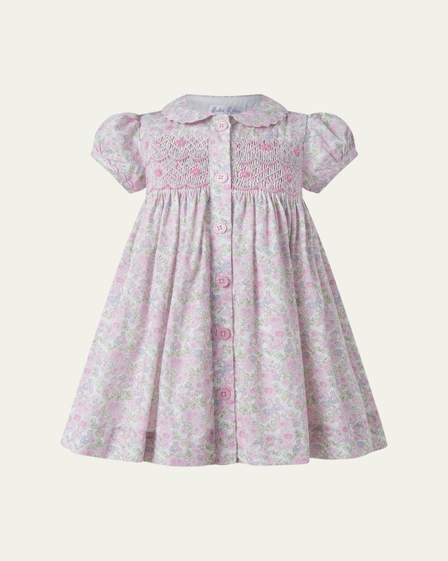 Girl's Ditsy Smocked Button-Front Dress and Bloomers Set, Size 6M-
